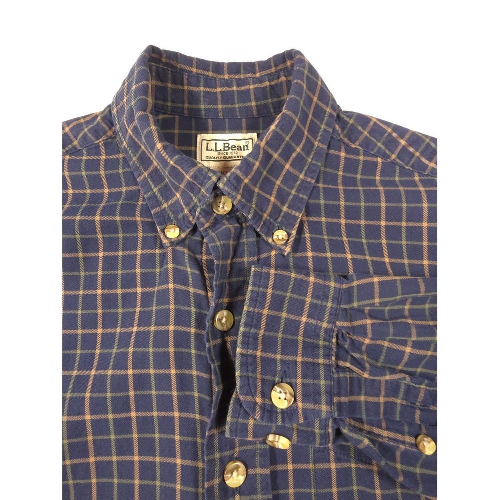 LL Bean Mens Small Blue Tan Plaid Flannel Button Down Shirt Long Sleeve